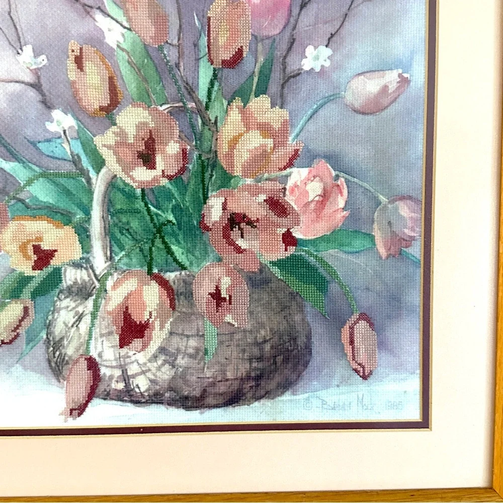 Vtg 1985 Tulip Embroidered Cross Stitch Barbara Mock Signed Floral Print Frame